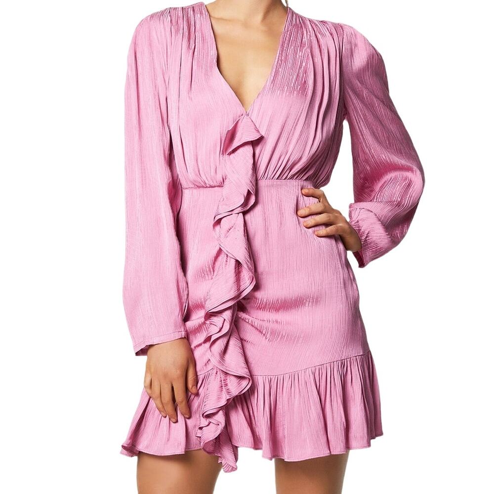 Elliatt Rita Mini Dress Deep V Ruffle Trim Satin Fitted 100% Viscose Pink XS
